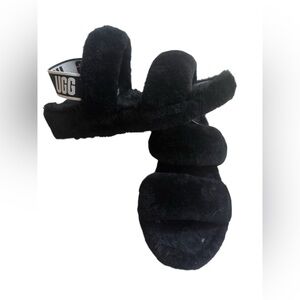 UGG Oh Yeah Style  Fur Sandals Womens 7 Black Teddy Soft Strap Slides